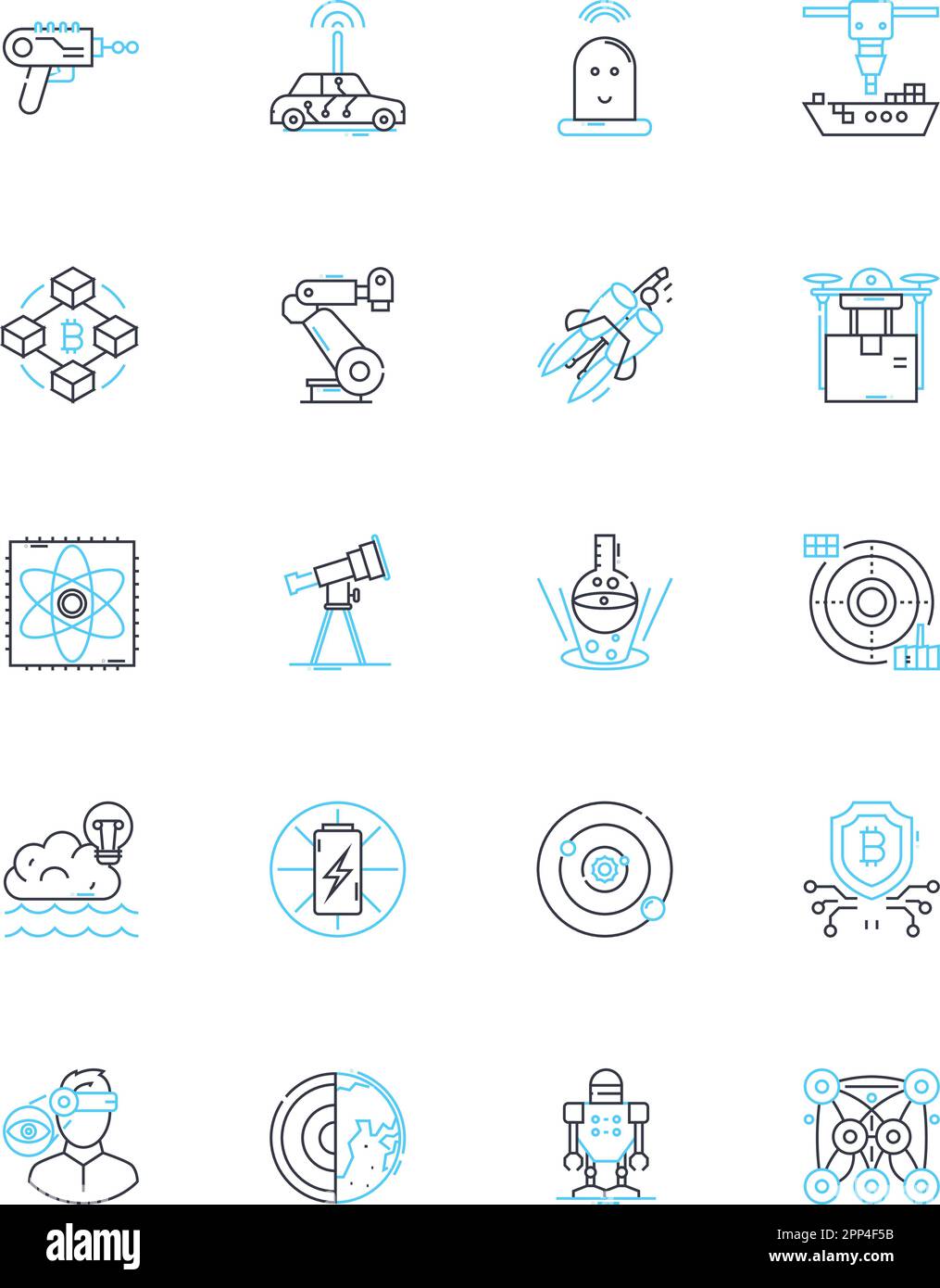 Automation science linear icons set. Robotics, Cybernetics, Mechatronics, Control, Sensors, Artificial intelligence, Biomechatronics line vector and Stock Vector