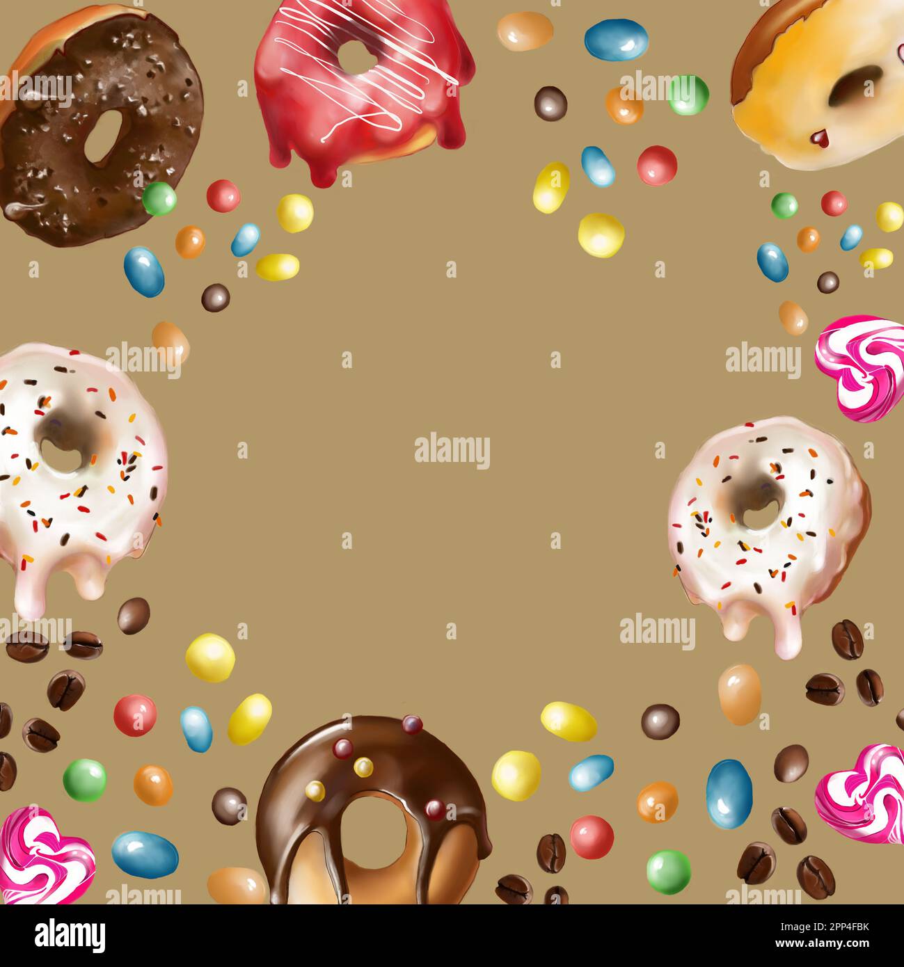 donuts sweet frame with white icing and dragee, coffee beans ...