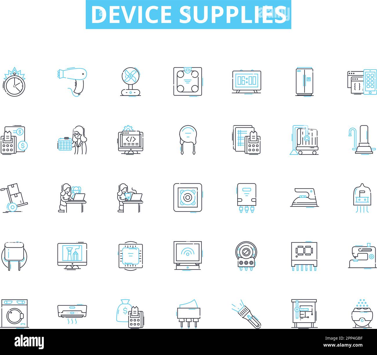 Device supplies linear icons set. Adapters, Batteries, Cables, Chargers ...