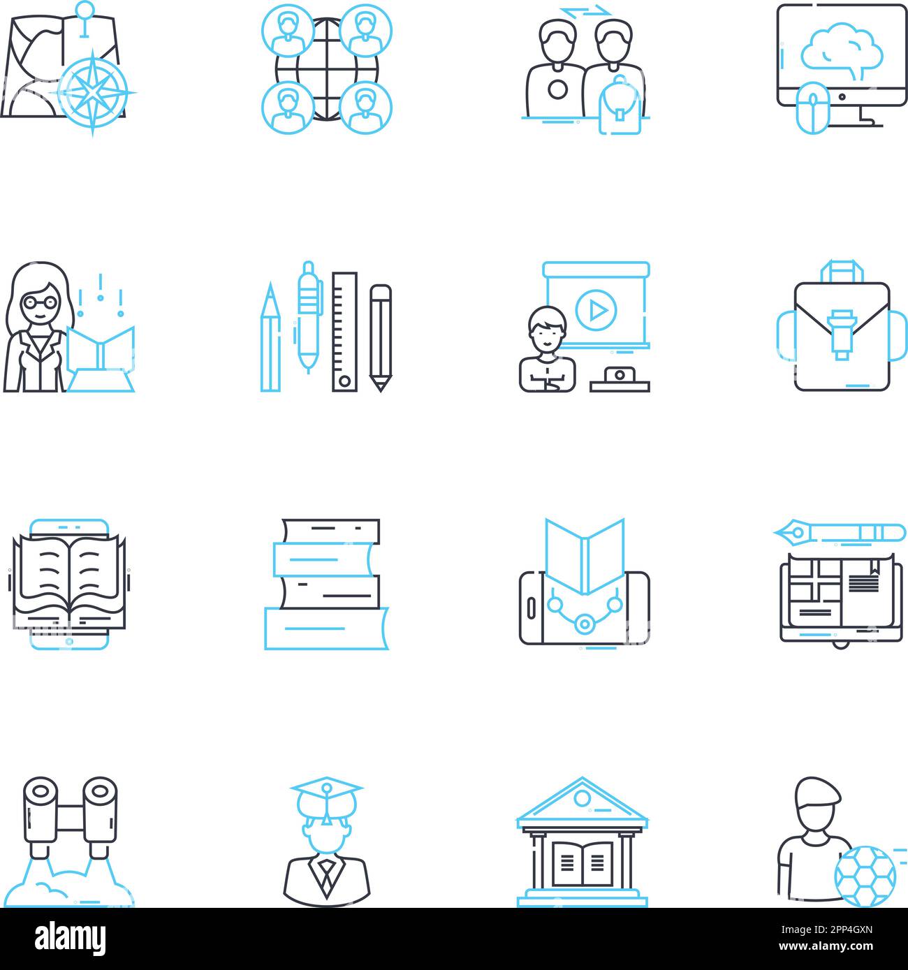 Online education linear icons set. E-learning, Webinar , Distance learning, MOOCs, Virtual classrooms, Edtech, Online classes line vector and concept Stock Vector