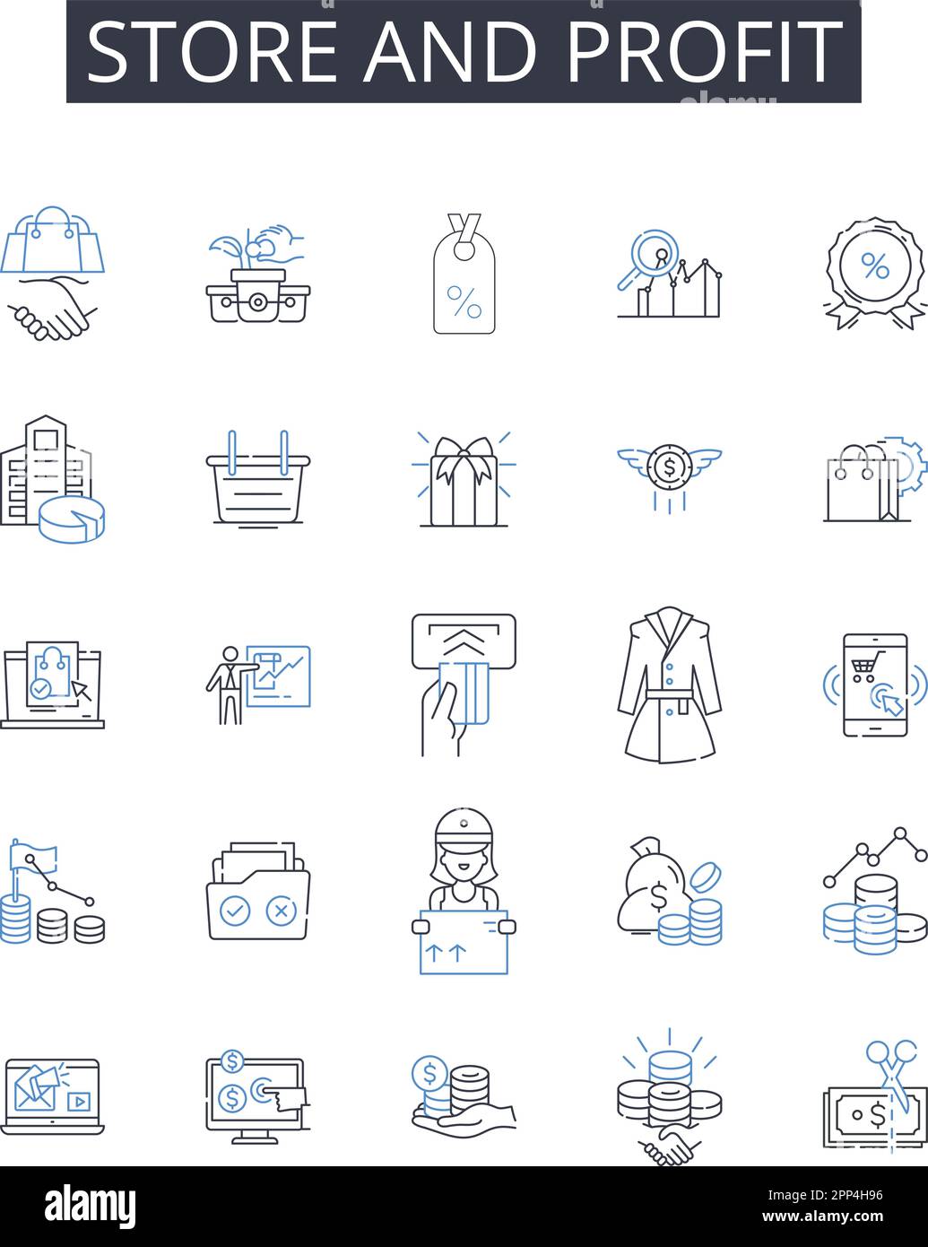 Store and profit line icons collection. Invest and gain, Trade and earnings, Buy and benefit, Acquire and returns, Hold and surplus, Amass and Stock Vector