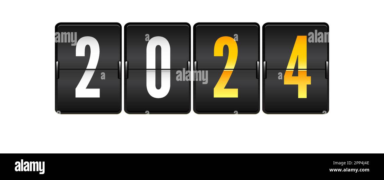 Happy New Year 2024. Analog mechanical flip timetable on clean white
