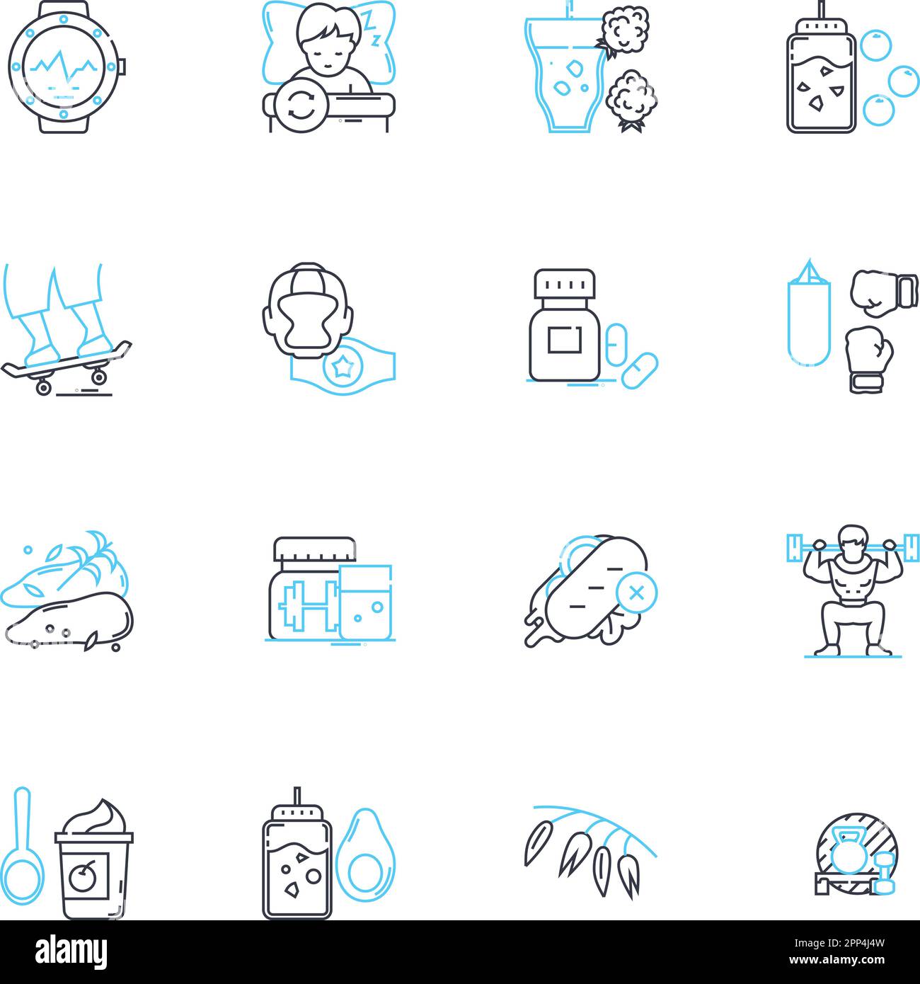 Physical fitness linear icons set. Endurance, Strength, Flexibility