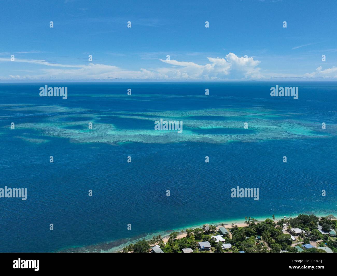 Aerial view of lush island showing tropical lving in the Torres Strait, Murray Island, QLD Stock Photo