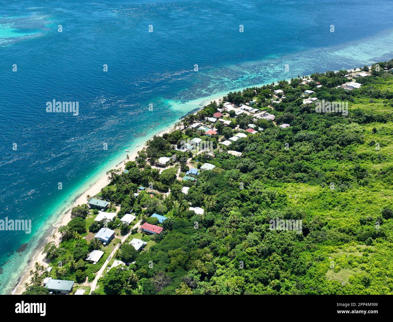 Aerial view of lush island showing tropical lving in the Torres Strait, Murray Island, QLD Stock Photo