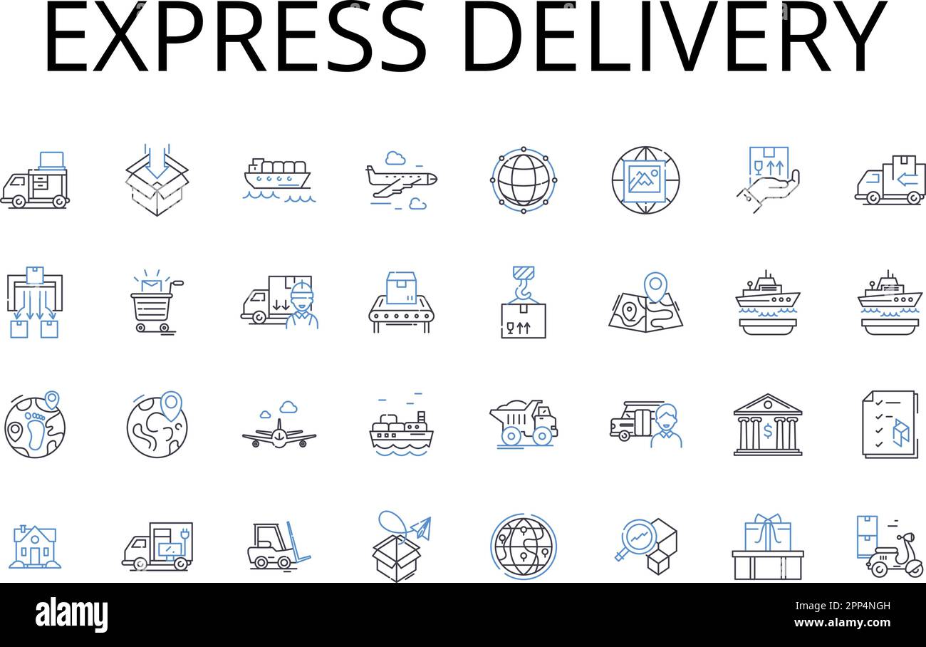 Express delivery line icons collection. Rapid shipment, Swift delivery, Brief dispatch, Quick transport, Fast courier, Immediate transit, Expedited Stock Vector