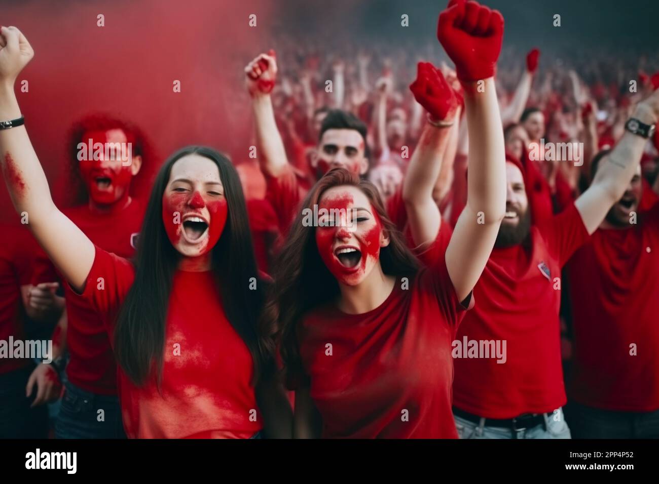 A group of people with red paint on their faces cheering for the