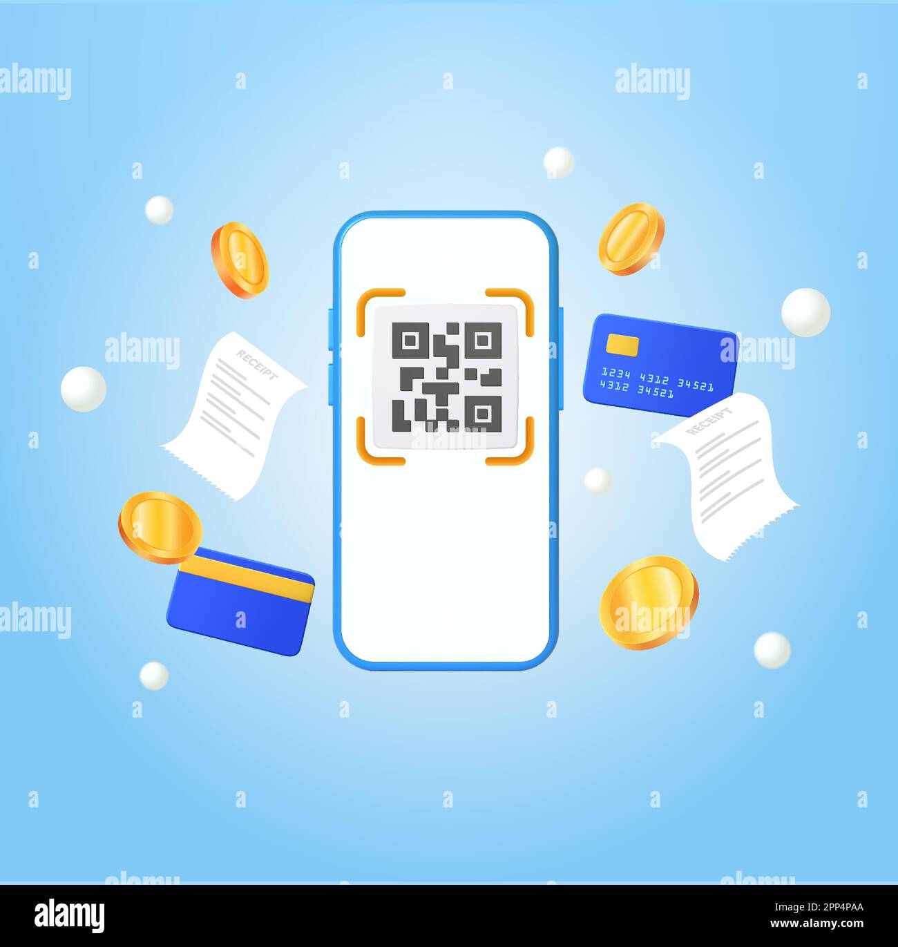 QR code scanning via mobile phone with bill and coins floating, debit