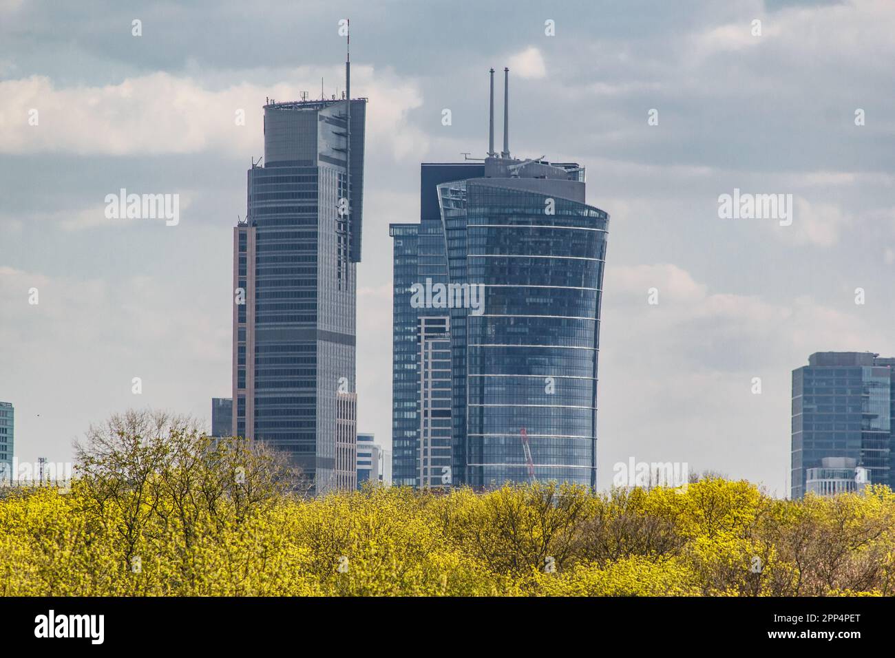 Warsaw downtown panorama shot from distance during cloudy weather Stock
