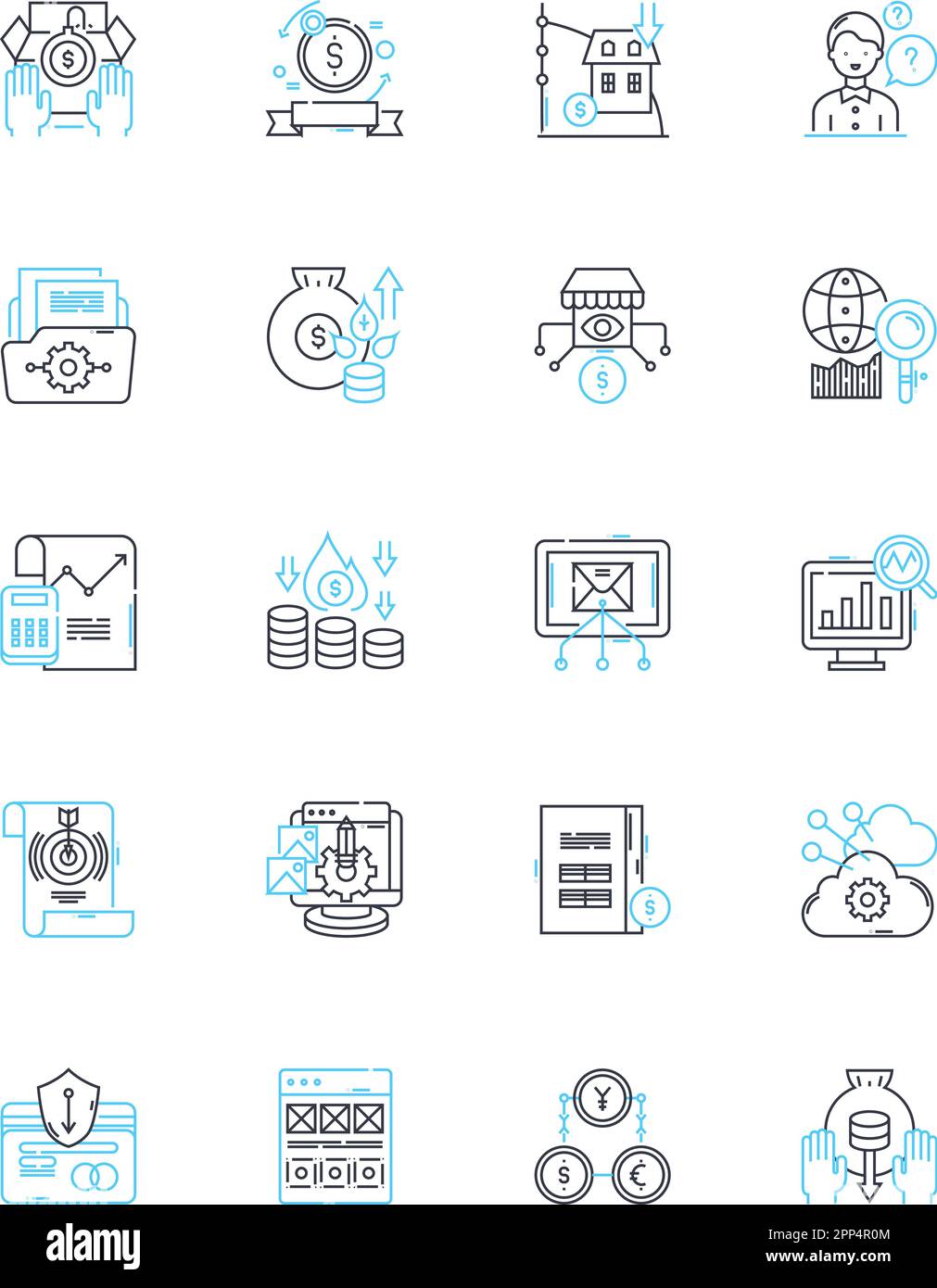 Economic Policy linear icons set. Fiscal, Mtary, Inflation, Deflation ...