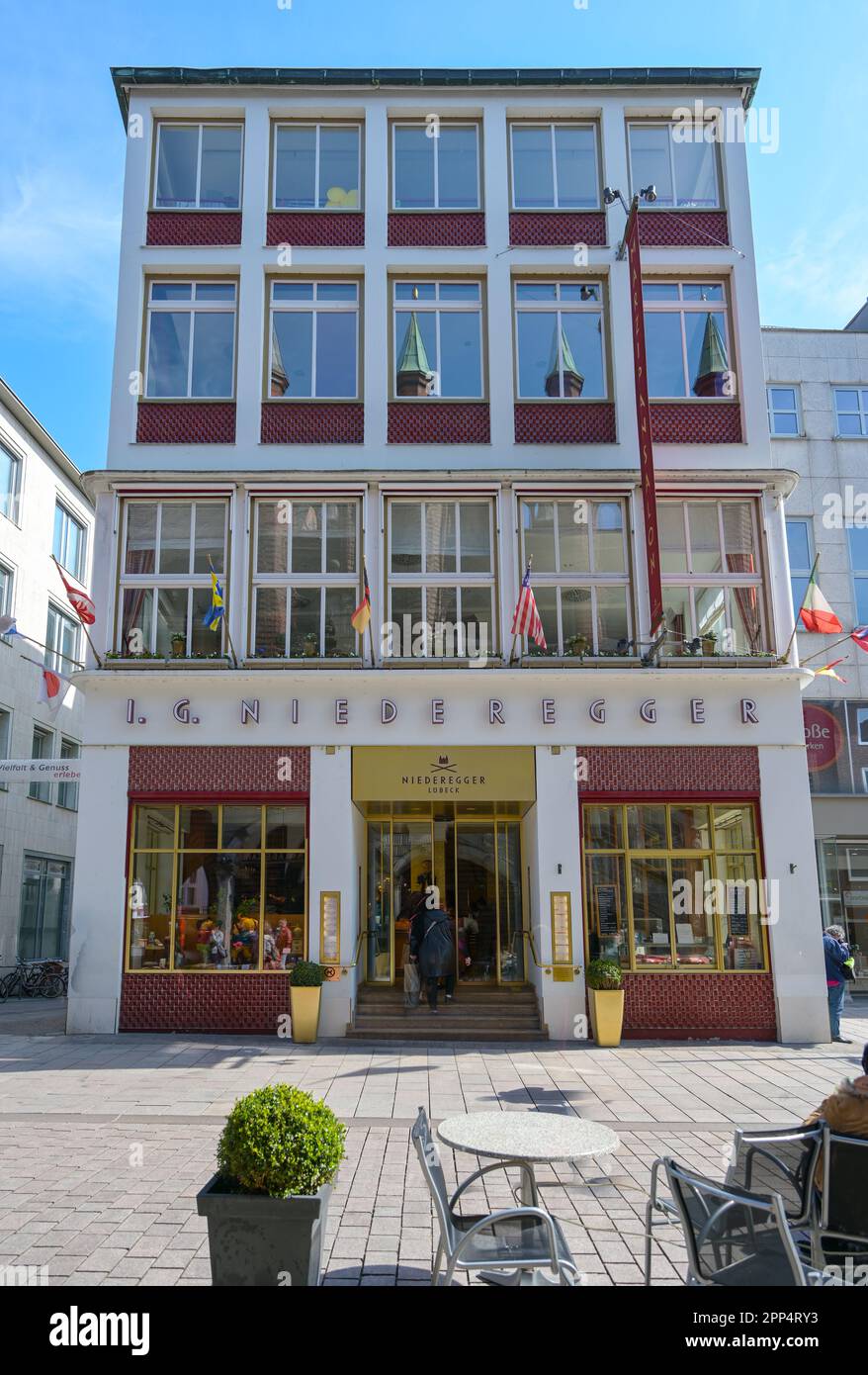 Lubeck, Germany, April 17, 2023: Niederegger house, popular Luebeck marzipan in the traditional building with store, cafe and museum in the center of Stock Photo
