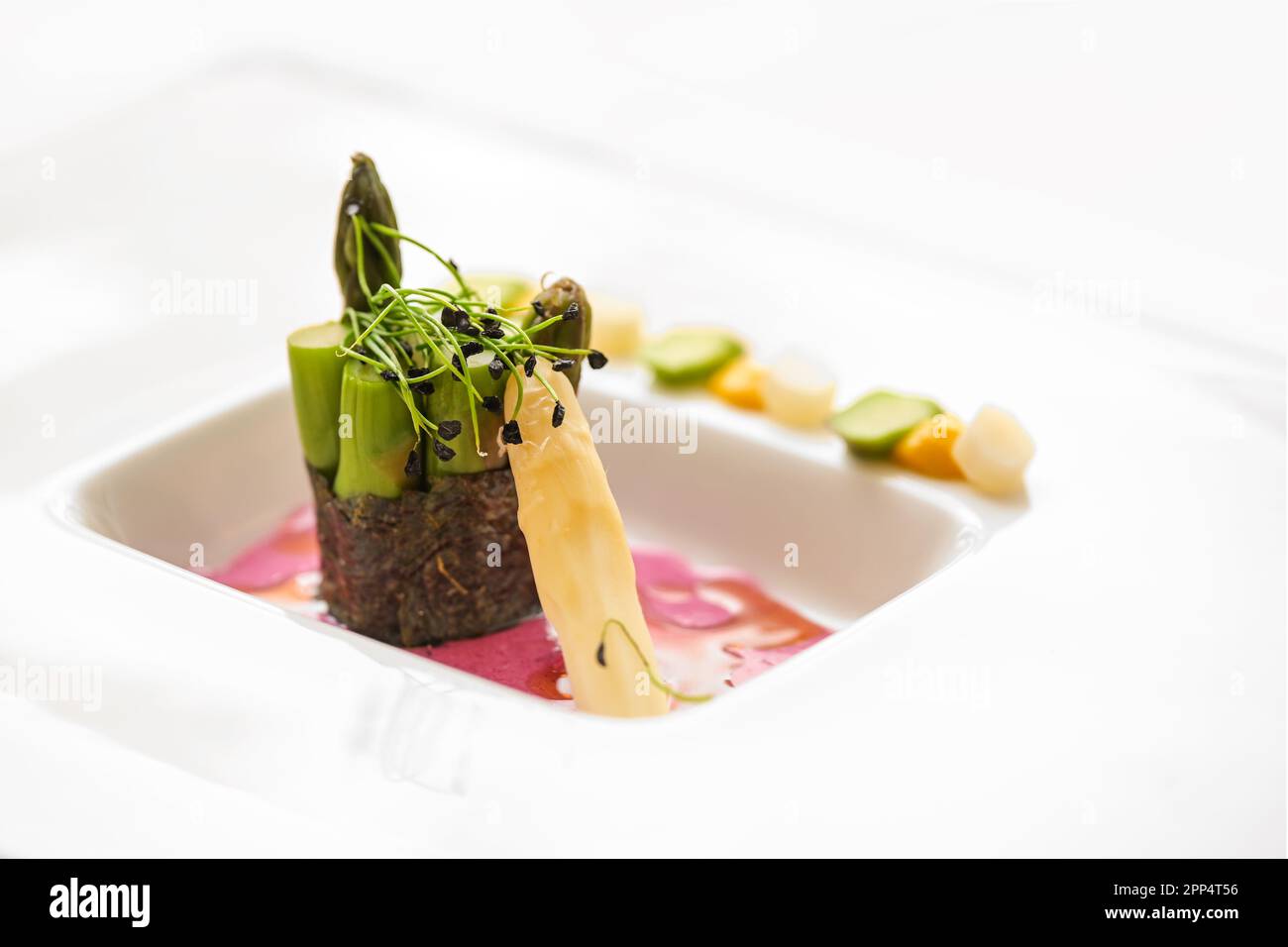 Vegetable course of a gourmet menu made of green asparagus wrapped in a nori seaweed leaf, beetroot dressing and leek sprouts on a white plate, copy s Stock Photo