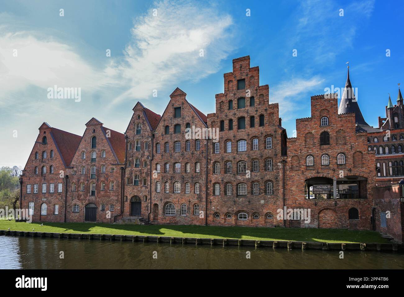 Salzspeicher (salt storehouses), of Lubeck, Germany, historic brick buildings on the  Trave River, landmark, tourist attraction and famous travel dest Stock Photo