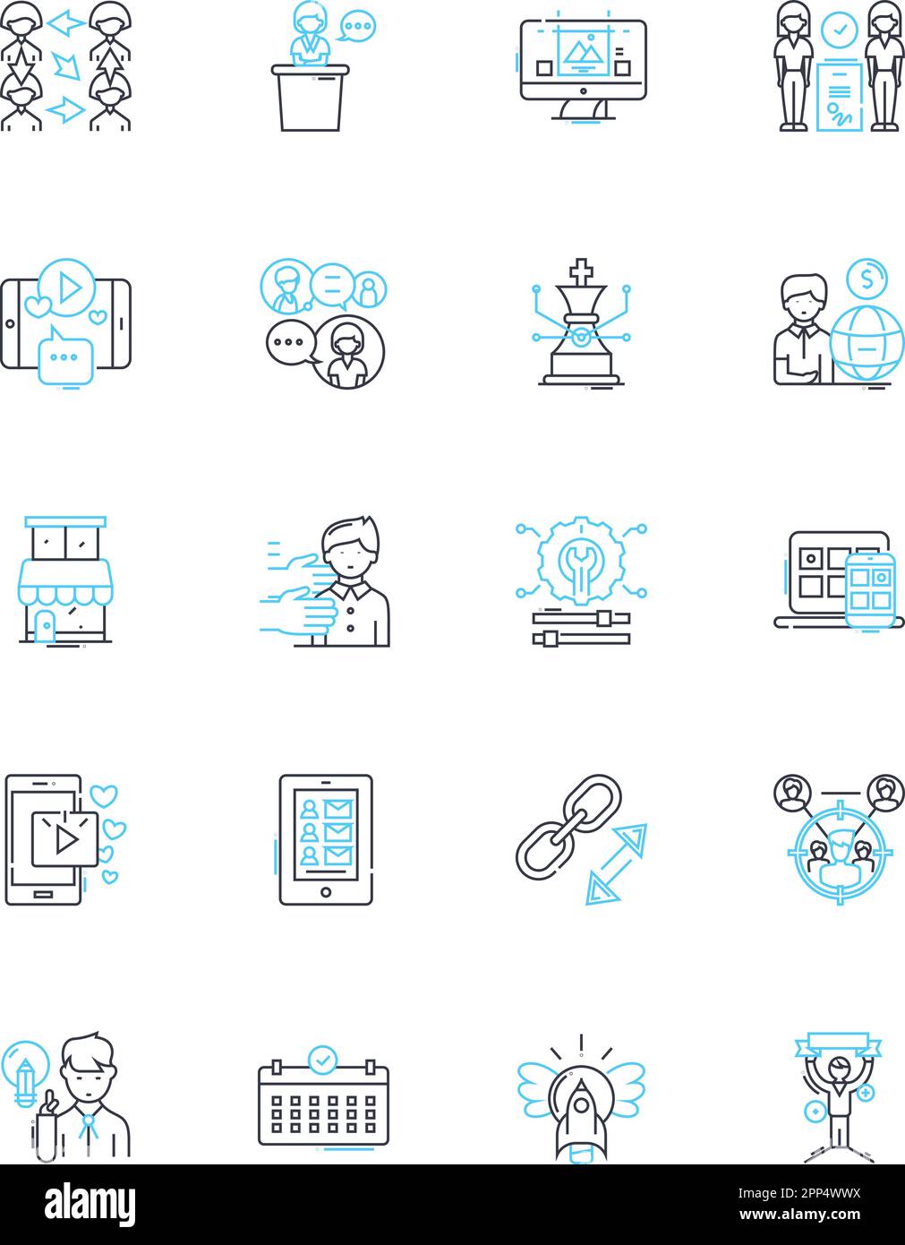 Communication skills linear icons set. Listening, Speaking, Writing, Nonverbal, Feedback, Empathy, Clarity line vector and concept signs. Connection Stock Vector
