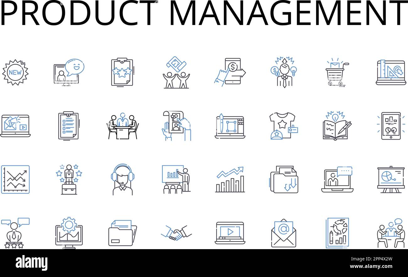 Product management line icons collection. Business development, Brand management, Marketing strategy, Sales operations, Team leadership, Project Stock Vector