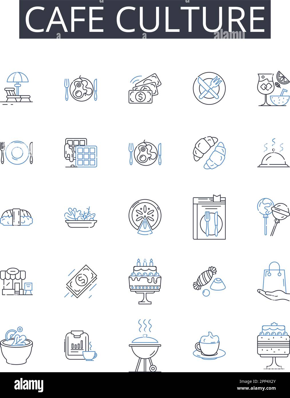 Cafe culture line icons collection. Food scene, Urban style, Street fashion, Music culture, Art community, Nightlife scene, Beach culture vector and Stock Vector