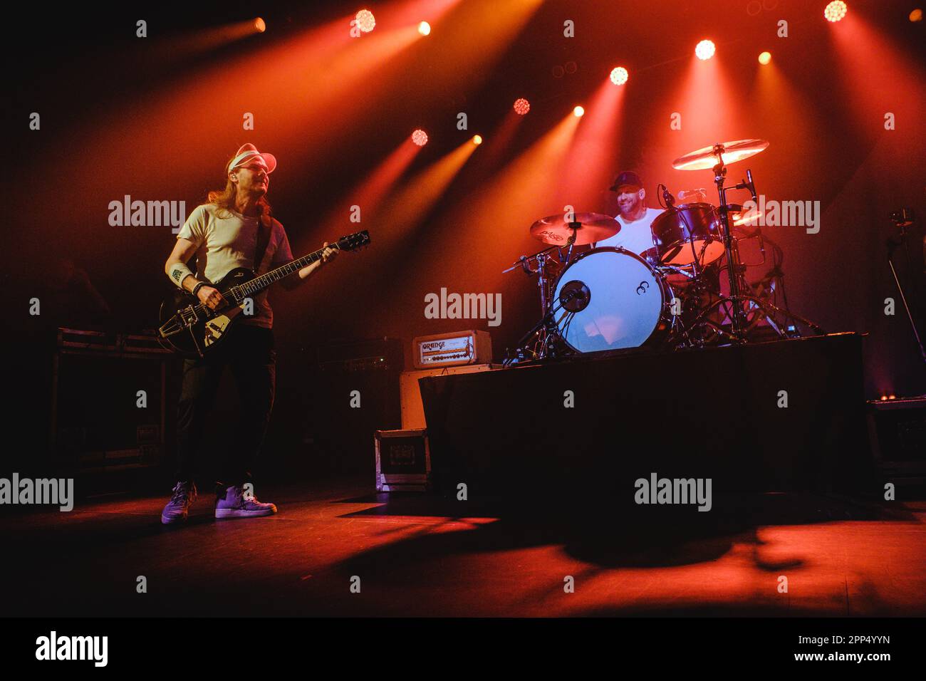 Bern, Switzerland. 21st Apr, 2023. The German indie rock band Sportfreunde Stiller performs a live concert at Bierhübeli in Bern. Here singer and musician Peter Brugger is seen live on stage with drummer Florian Weber. (Photo Credit: Gonzales Photo/Alamy Live News Stock Photo