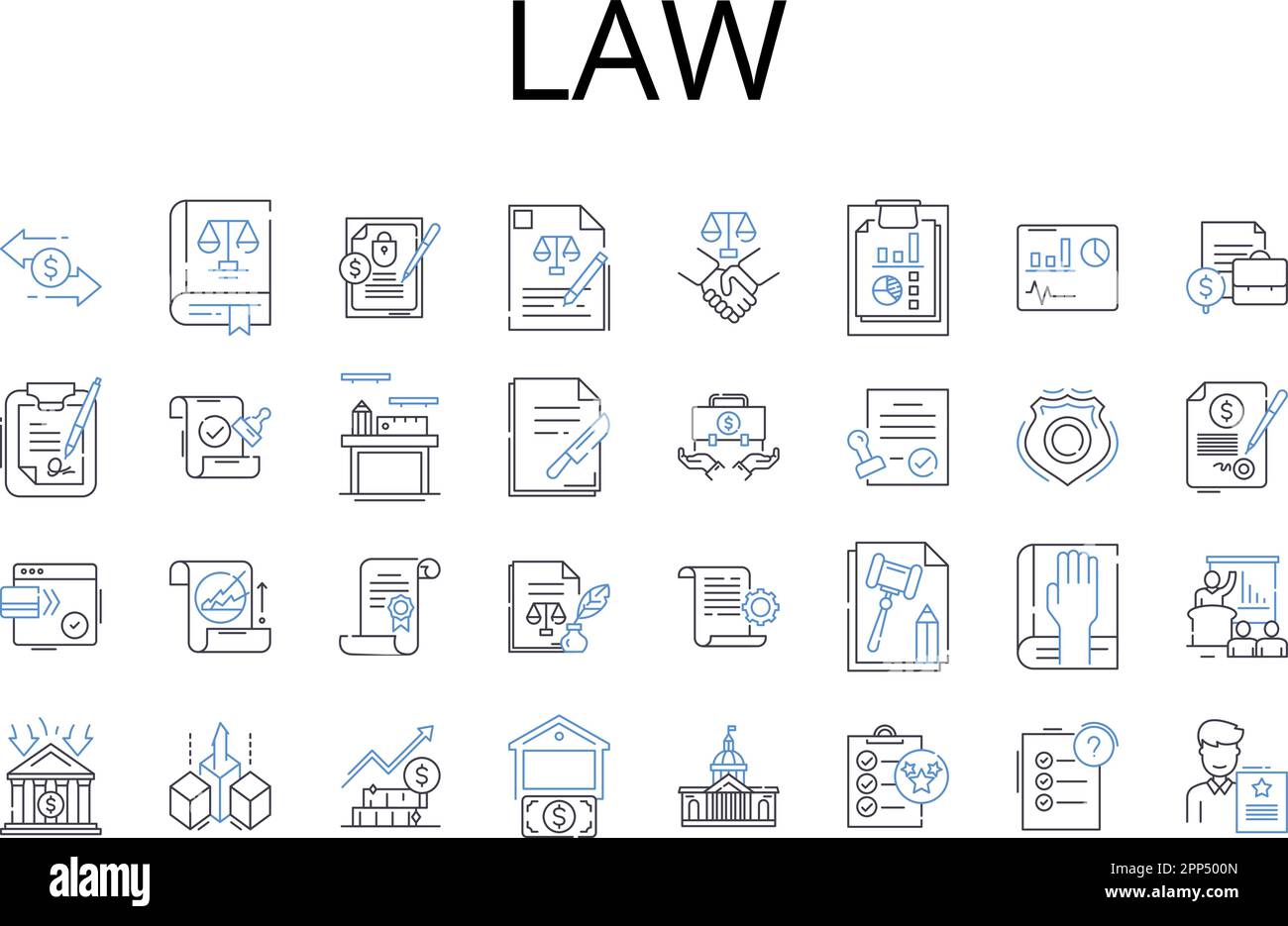 Law line icons collection. Justice, Legislation, Rulebook, Statute, Decree, Regulation, Bylaw vector and linear illustration. Code,Statutory law Stock Vector