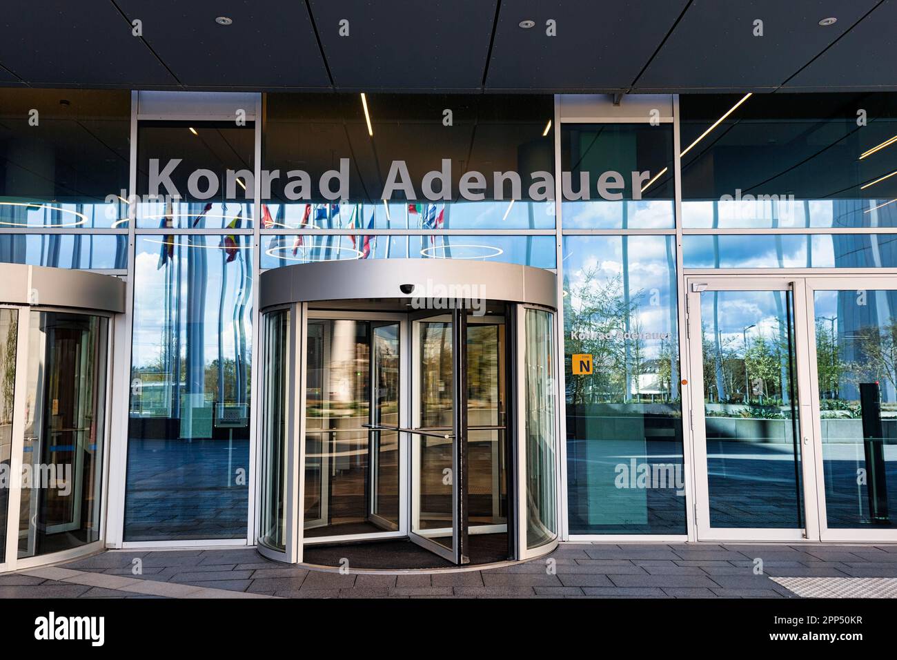 Entrance with revolving door and lettering, Konrad Adenauer Building, European Parliament, EU Parliament, European Quarter Kirchberg Plateau Stock Photo