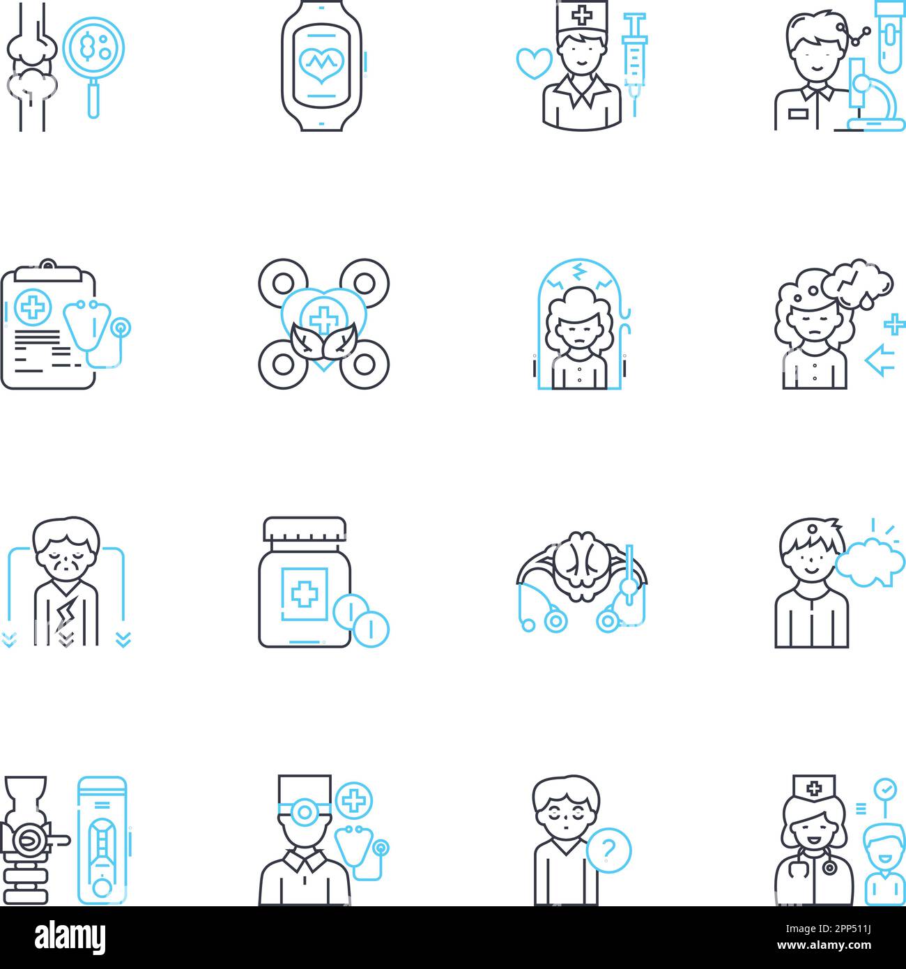 Disease management linear icons set. Prevention, Diagnosis, Treatment 