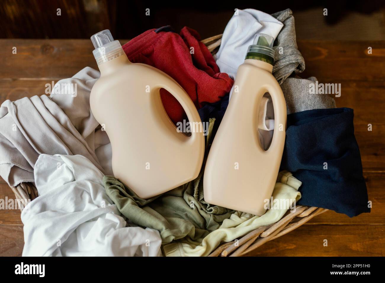 Top view detergent bottles clothes Stock Photo