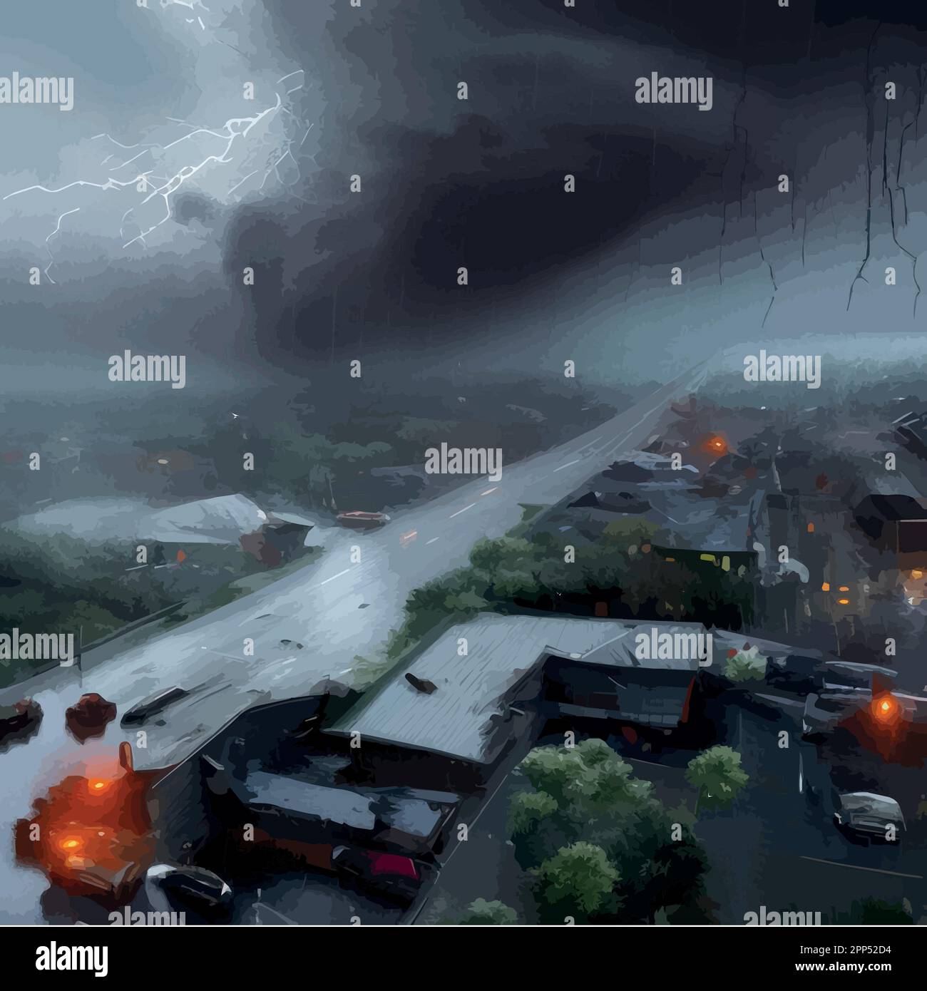 Tornado disaster. Natural disaster with hurricane. Power twisted storm 