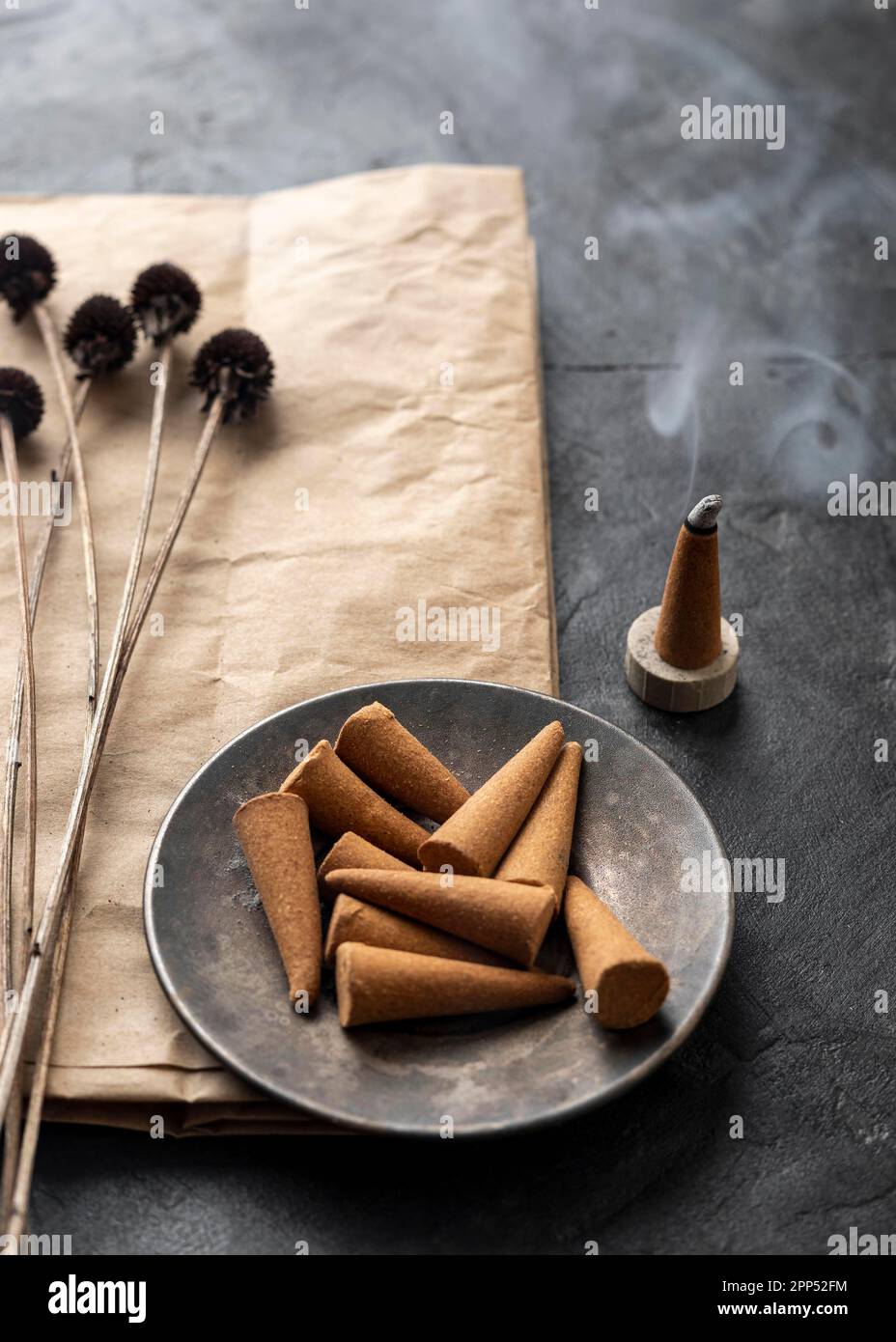 High view incense aromatic cones dried flowers Stock Photo