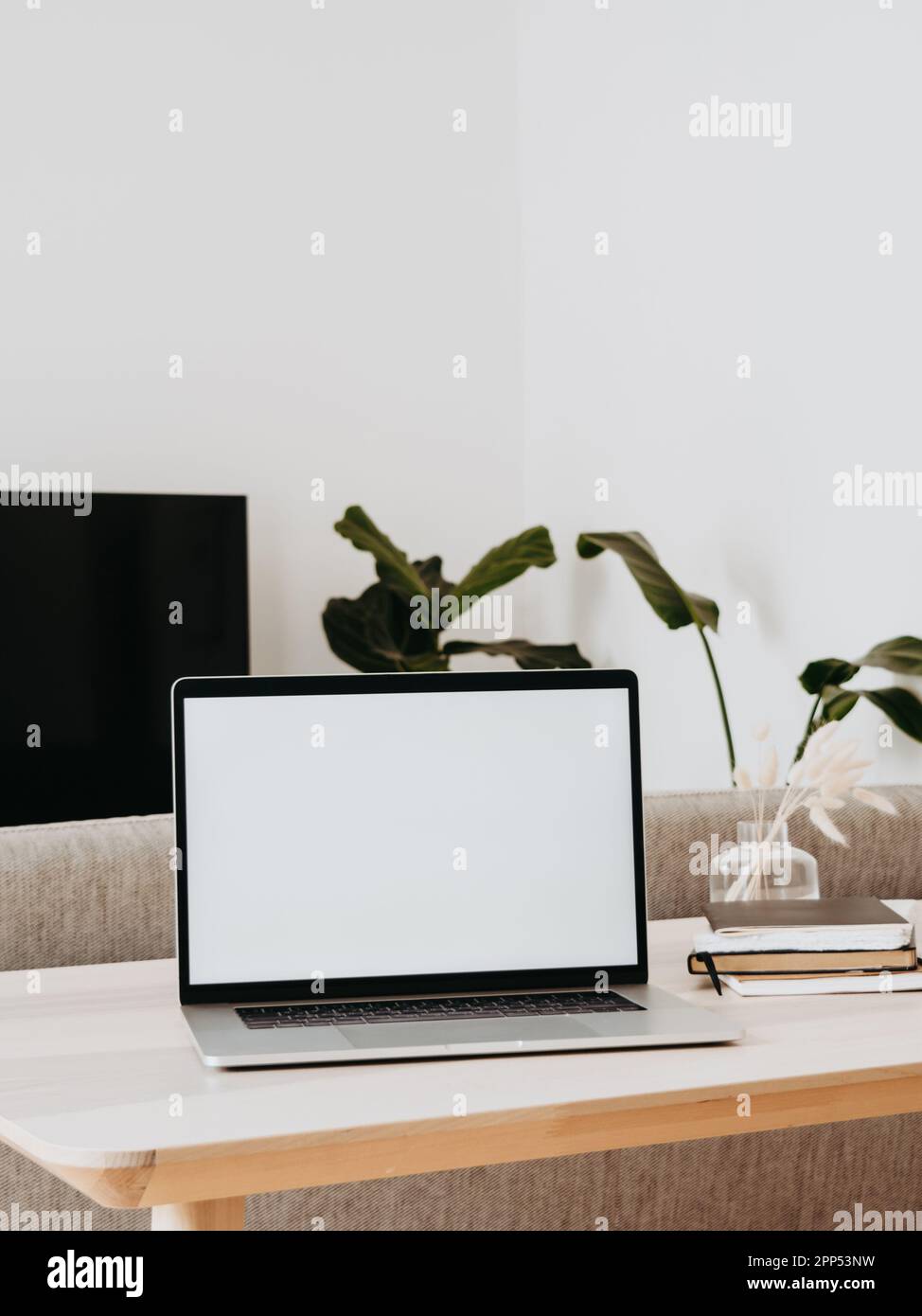 Laptop with blank screen on wooden table in home interior. Workplace ...