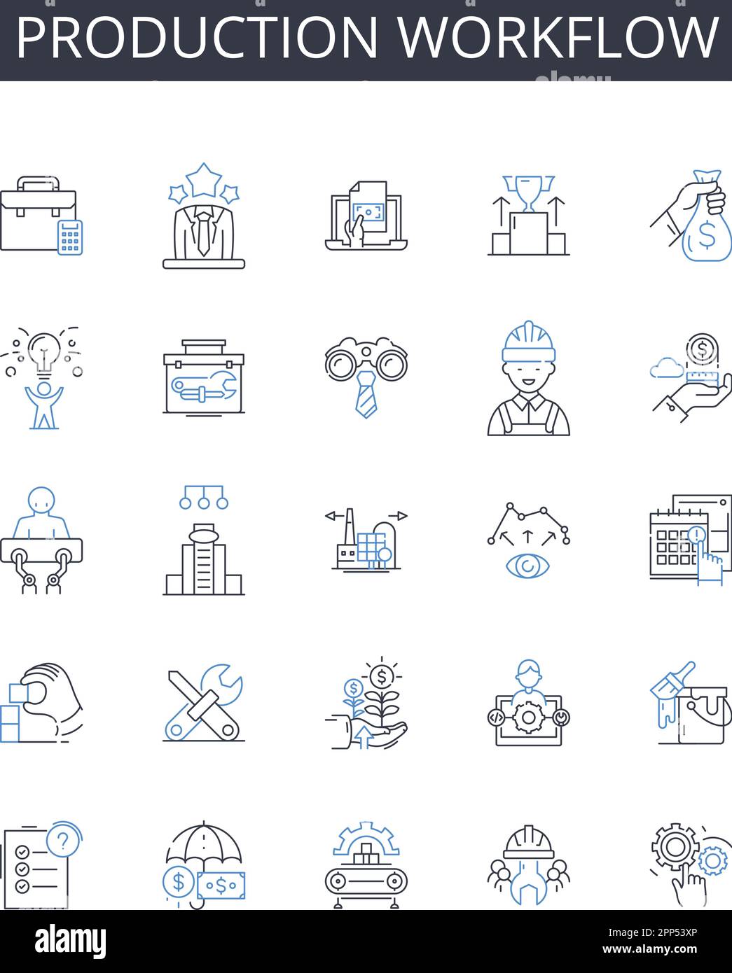 Production workflow line icons collection. Manufacturing process ...