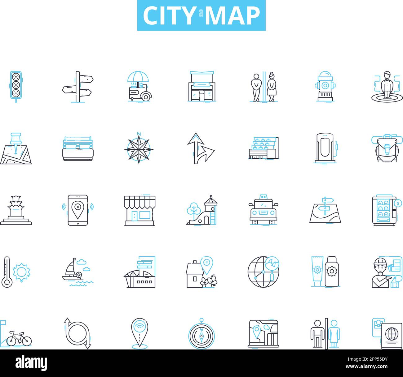 City map linear icons set. Navigation, Tourist, Streets, Districts, Landmarks, Transit, Tour line vector and concept signs. Guide,Directions Stock Vector