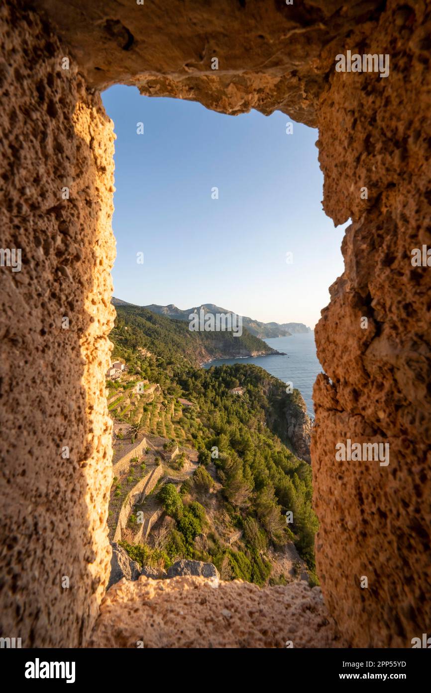 View from embrasure at Torre des Verger, stone tower on the coast, sea view, Banyalbufar, Majorca, Balearic Islands, Spain Stock Photo