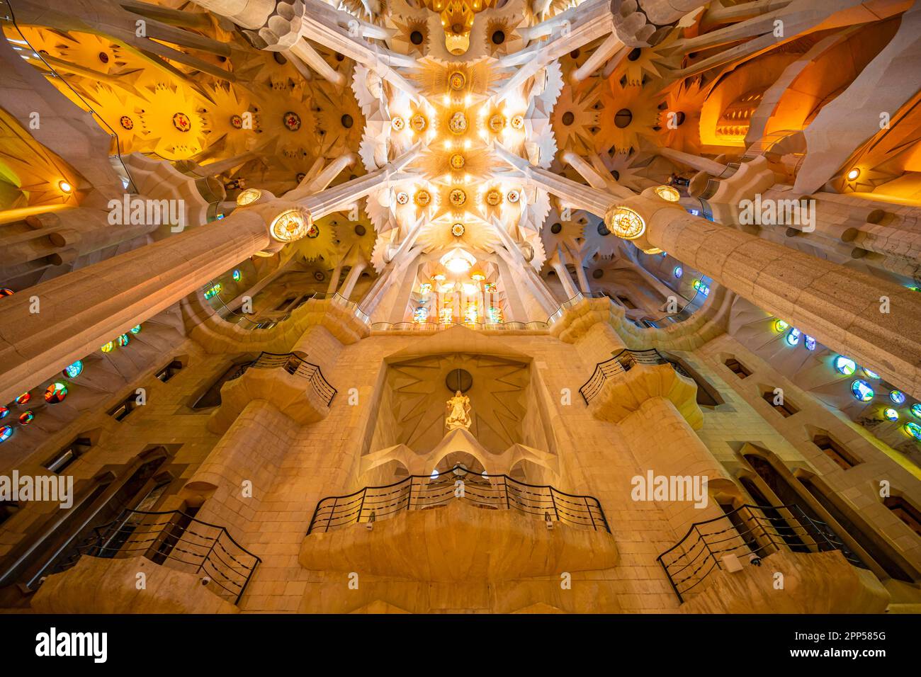 Artistic ceiling vault with columns, interior of the Sagrada Familia ...