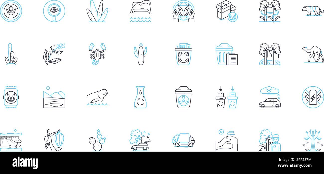 Ecosystem linear icons set. Diversity, Interdependence, Biodiversity, Interaction, Sustainability, Balance, Habitat line vector and concept signs Stock Vector