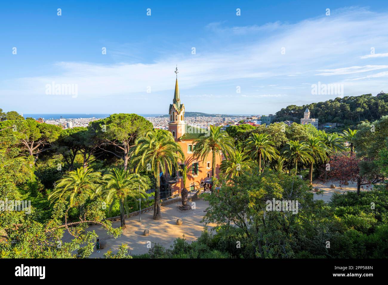 Casa Museu Gaudi, view over the city in the evening light, Park Gueell, park by Antoni Gaudi, Barcelona, Catalonia, Spain Stock Photo