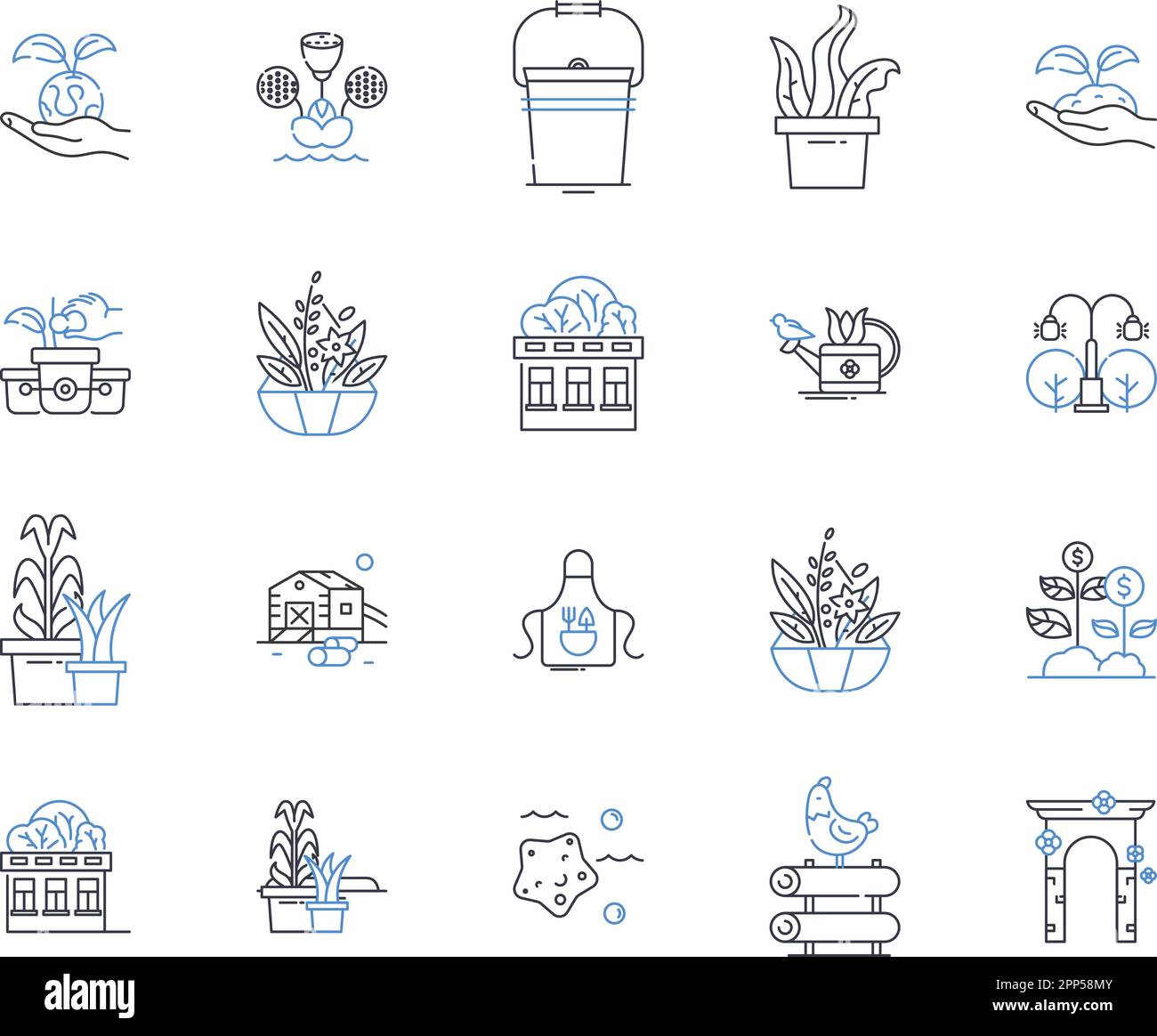 Horticulture & Cultivating line icons collection. Soil, Compost, Seeds, Fertilizer, Harvest, Greenhouse, Pruning vector and linear illustration Stock Vector