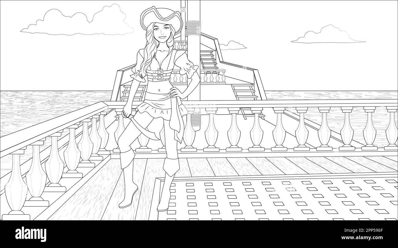 Pirate Girl Coloring Page with a Ship Background in the Sea. Vector Illustration Stock Vector ...