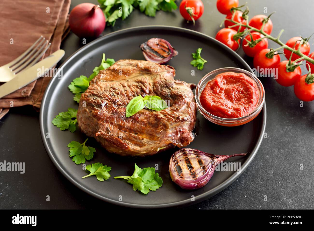 Fried beef steak on plate Stock Photo