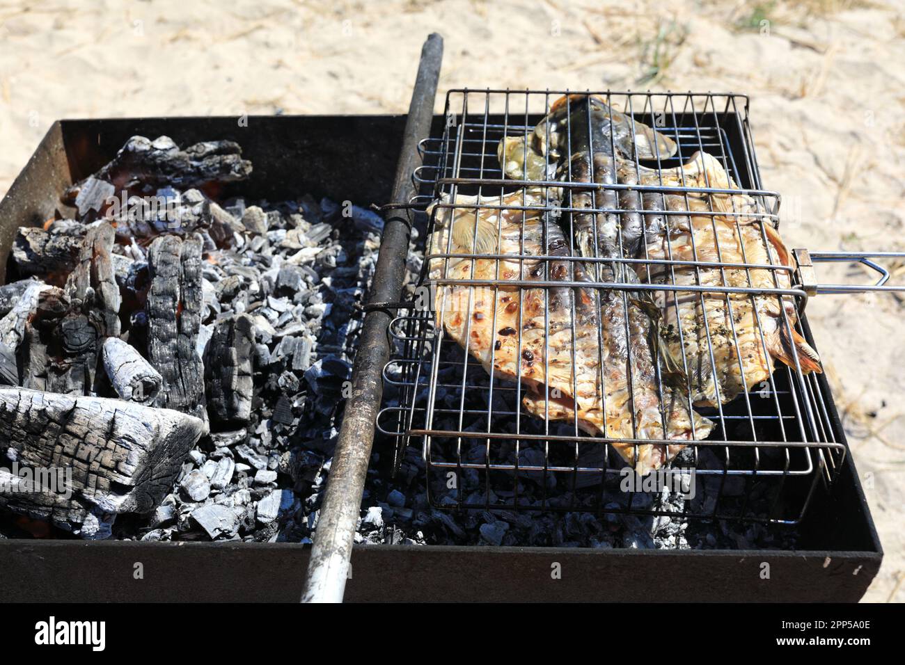 Cooking whole carp on grill on the beach in summer Stock Photo Alamy