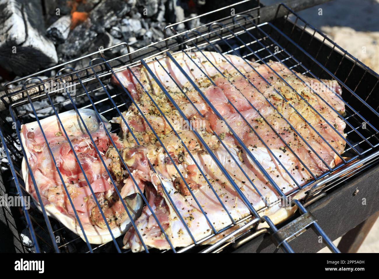 Cooking whole carp on grill in backyard Stock Photo Alamy