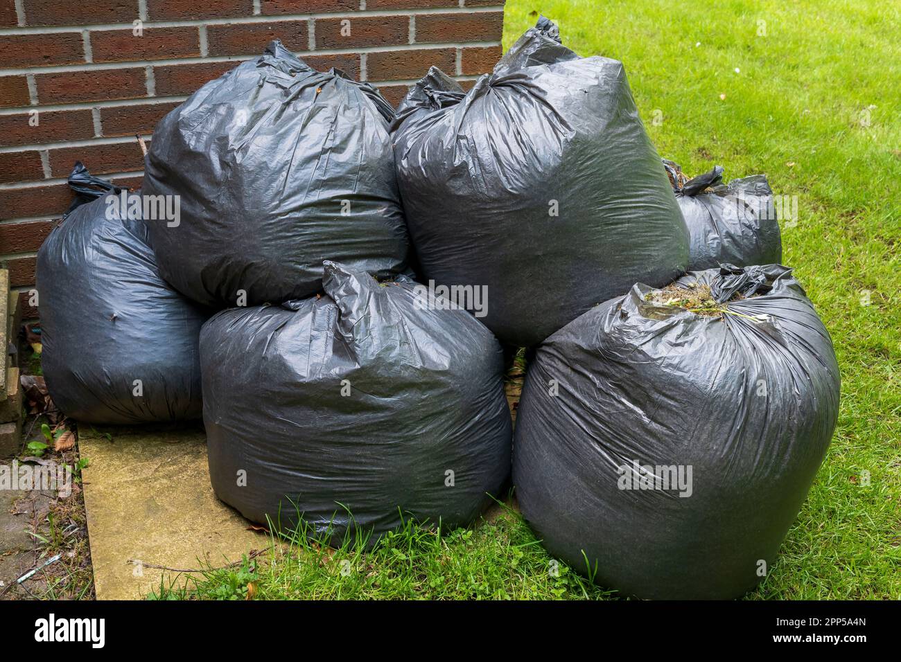 Black bin bags used for garden waste Stock Photo