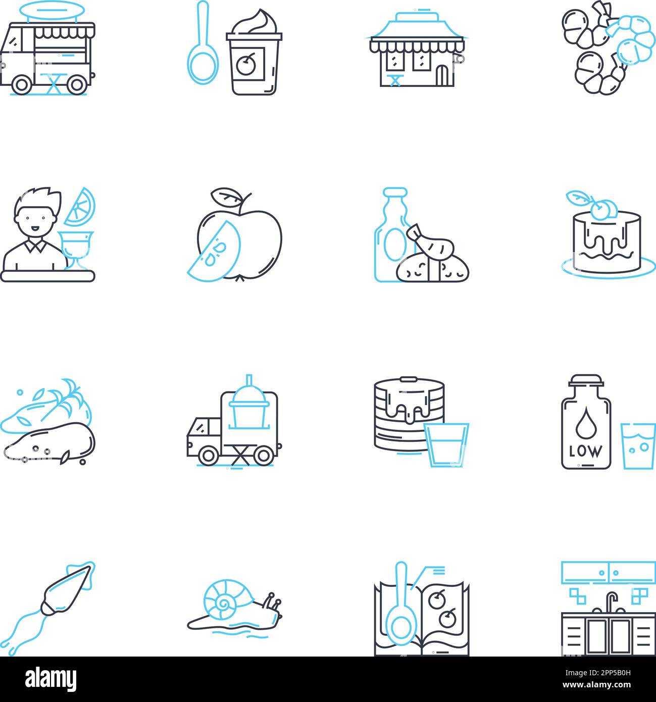 Edible goods trade linear icons set. Market, Supply, Demand, Production, Distribution, Agriculture, Food line vector and concept signs. Consumer,Trade Stock Vector