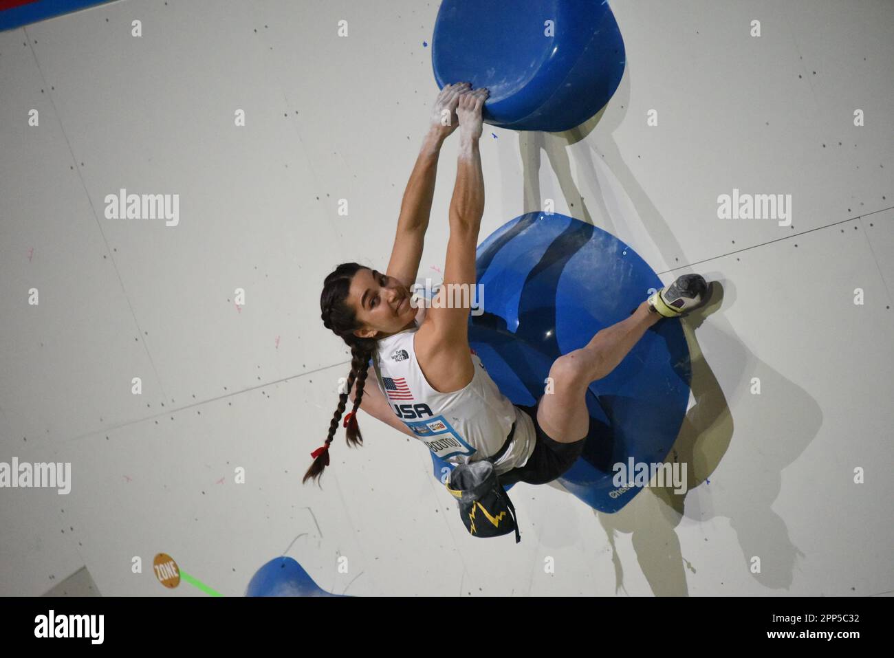 Hachioji. 22nd Apr, 2023. Brooke Raboutou of the United States competes during the women's boulder final of IFSC Climbing World Cup 2023 in Hachioji, Japan on April 22, 2023. Credit: Yue Chenxing/Xinhua/Alamy Live News Stock Photo