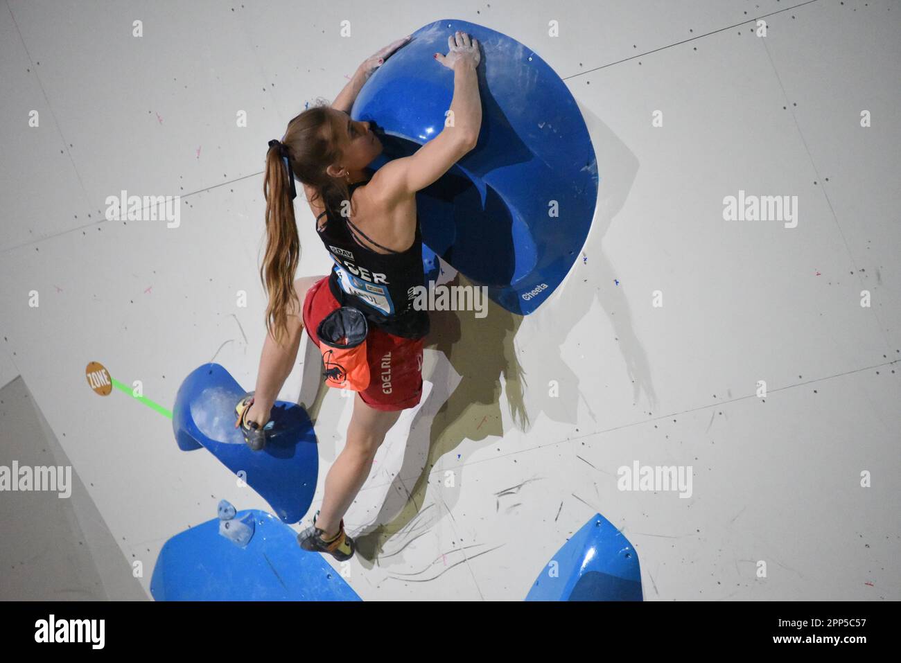 Hachioji. 22nd Apr, 2023. Hannah Meul of Germany competes during the women's boulder final of IFSC Climbing World Cup 2023 in Hachioji, Japan on April 22, 2023. Credit: Yue Chenxing/Xinhua/Alamy Live News Stock Photo