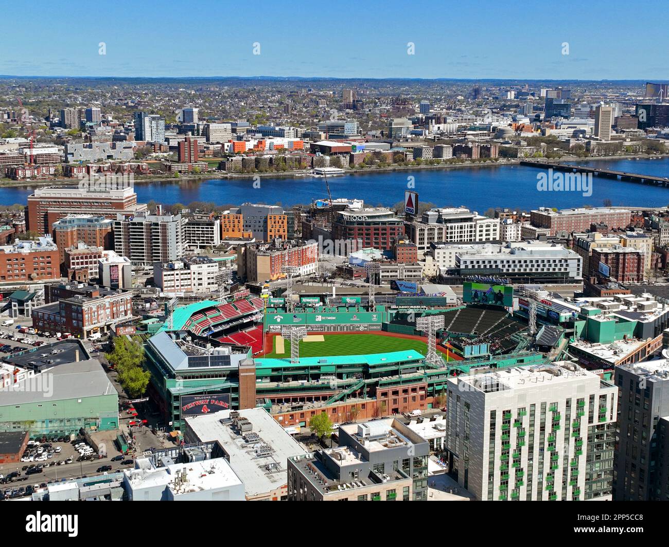 Fenway Park aerial view in Fenway near Kenmore Square in Boston, Massachusetts MA, USA. Fenway Park is the home of MLB team Red Sox. Stock Photo