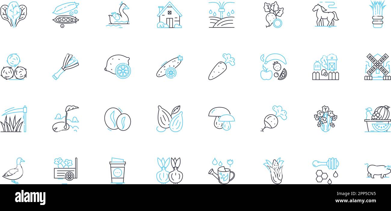 Plantation Ranch linear icons set. Cattle, Harvest, Farming, Irrigation, Rancher, Pasture, Livestock line vector and concept signs. Agriculture Stock Vector