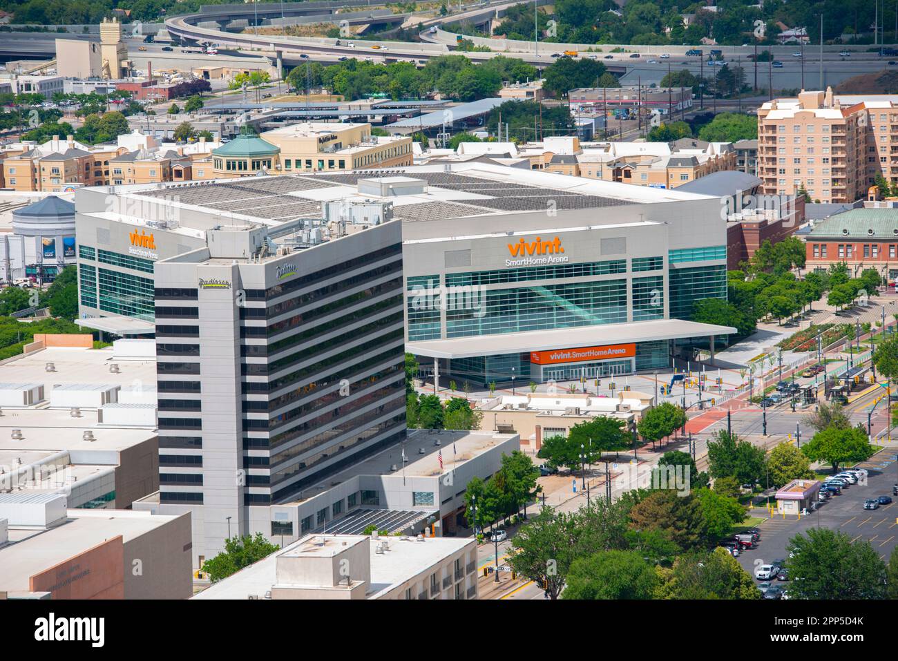 Vivint Smart Home Arena aerial view in Salt Lake City, Utah UT, USA. It is the home of Utah Jazz and and the figure skating arena for 2002 Olympics. Stock Photo