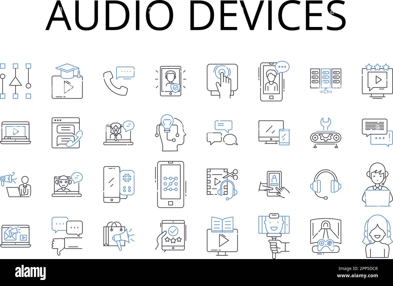 Audio devices line icons collection. Text messages, Video games, Musical instruments, Security systems, Image editing, Social media, Mobile devices Stock Vector