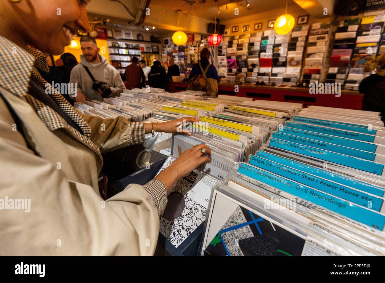 London, UK. 22 April 2023. A customer browsing in Phonica, a record