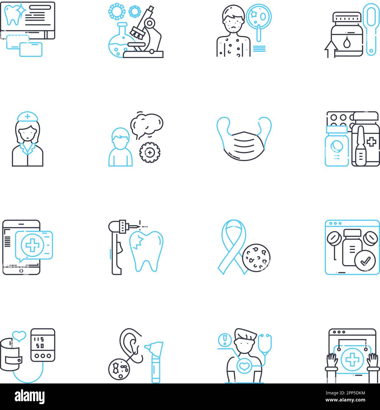 Dental care linear icons set. Oral, Toothpaste, Flossing, Braces ...