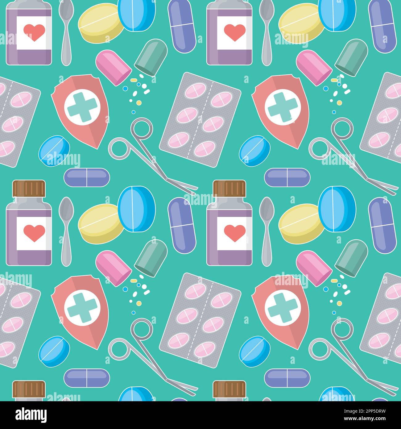 pattern with color elements of pills, bottle of syrup, shield and